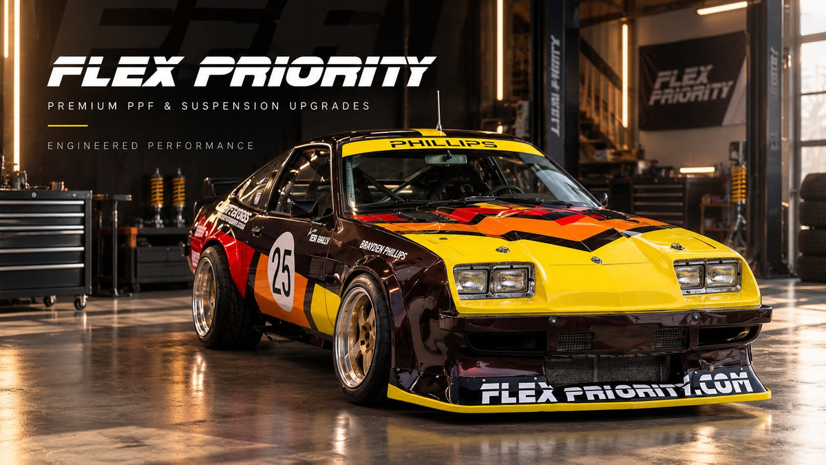 Flex Priority race car in the workshop – premium PPF and suspension upgrades